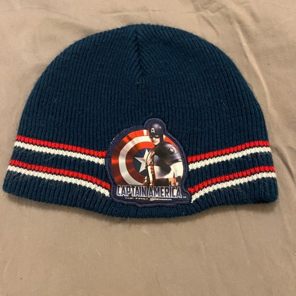 Marvel Captain America The First Avenger Kids Navy Blue Striped Knit Beanie Hat
